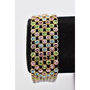 Vintage Pastel Rhinestone Wide Bracelet Gold Multi-Color Crystal Statement BinBR